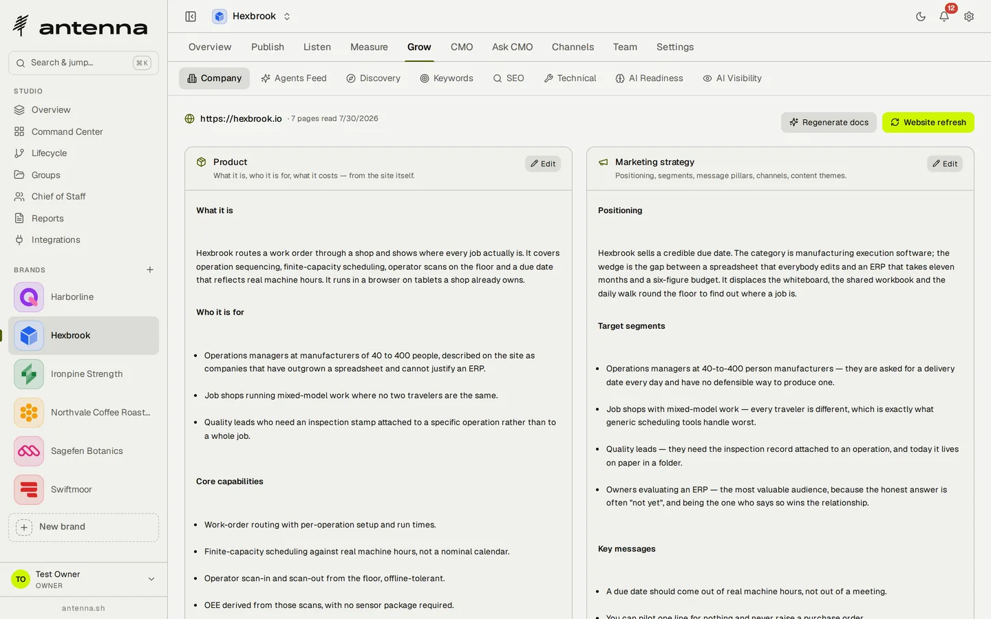 Antenna's Company tab for the brand Hexbrook: the source site hexbrook.io with seven pages read, Regenerate docs and Website refresh buttons, and two generated documents open side by side — a product brief describing what the product is and who it is for, and a marketing strategy with positioning, target segments and key messages